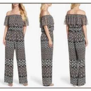 Eliza J Floral Off Shoulder Wide Leg Jumpsuit Womens 8 Black Floral Romantic